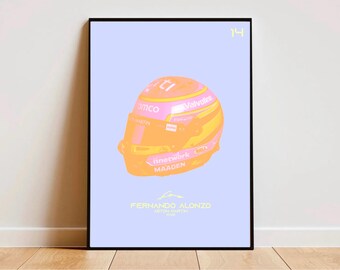 Puede incluir: Una ilustración digital de un casco de carreras en rosa y naranja con el texto "Valvoline" y "Fernando Alonso" sobre un fondo azul claro.
