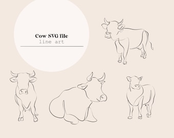 May include: A set of four line art illustrations of cows in different poses. The illustrations are in black and white and are set against a light beige background. The text "Cow SVG file line art" is in a circle at the top of the image.