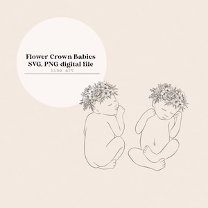 Flower Crown Babies Bundle Line Art Drawing / Recién nacido Dibujo de línea Archivo digital / Póster de nacimiento Escala 1:1 Archivo de corte láser / SVG, archivos PNG