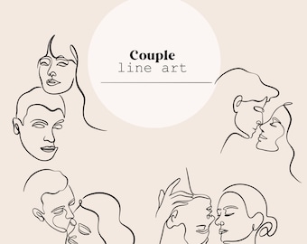 Può includere: Un set di quattro disegni a linea in bianco e nero che raffigurano coppie in varie pose. I disegni sono minimalisti e presentano linee semplici per creare l'immagine dei volti e dei corpi di una coppia. Il testo "Couple line art" è scritto in nero nella parte superiore dell'immagine.