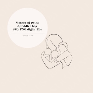 Mum Of Twins and Toddler Boy Line Art | Mother and Child Baby Line Drawing | Line Digital File | Instant Download | SVG & PNG File