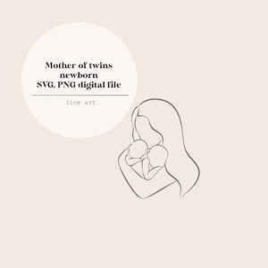 Dessin au trait mère de jumeaux nouveau-né | Dessin au trait des jumeaux | Nouveau-né | Maman et jumeaux | Dessin au trait bébé | Téléchargement numérique Bébé | Fichiers SVG et PNG
