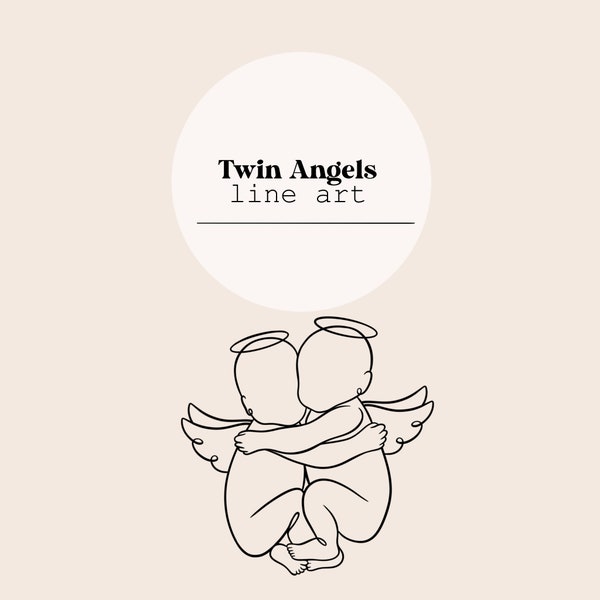 Twin Angel Baby Line Art | Twin Angel Wings Line Drawing | Newborn scale 1:1 Baby | Baby art | Digital download Baby | SVG, PNG, Ai File