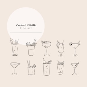 Koktajl SVG Line Art | Rysunek linii wina i piwa | Cyfrowy plik linii Mocktail | Napoje barowe Cięcie laserowe Natychmiastowe pobieranie | Plik SVG