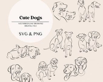 Dog Line Art | Dog Puppies Line Drawing | Cute Dogs Line Digital File | Laser Cutting Instant Download | SVG & PNG file