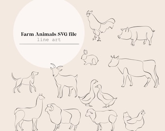 Farm Animals Line Art | Cow Chicken Ducks Sheep Dog Rabbit Goat| Farm Animals | Digital Download | Laser Cutting SVG file Digital File