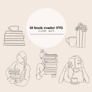 Książka SVG Line Art | Rysunek liniowy czytnika książek | Plik cyfrowy linii | Cięcie laserowe Natychmiastowe pobieranie | Plik SVG