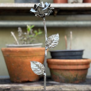 May include: A handcrafted metal rose sculpture with a heart-shaped base. The silver-coloured rose has detailed petals and two leaves along the stem. The sculpture is displayed in front of terracotta pots.