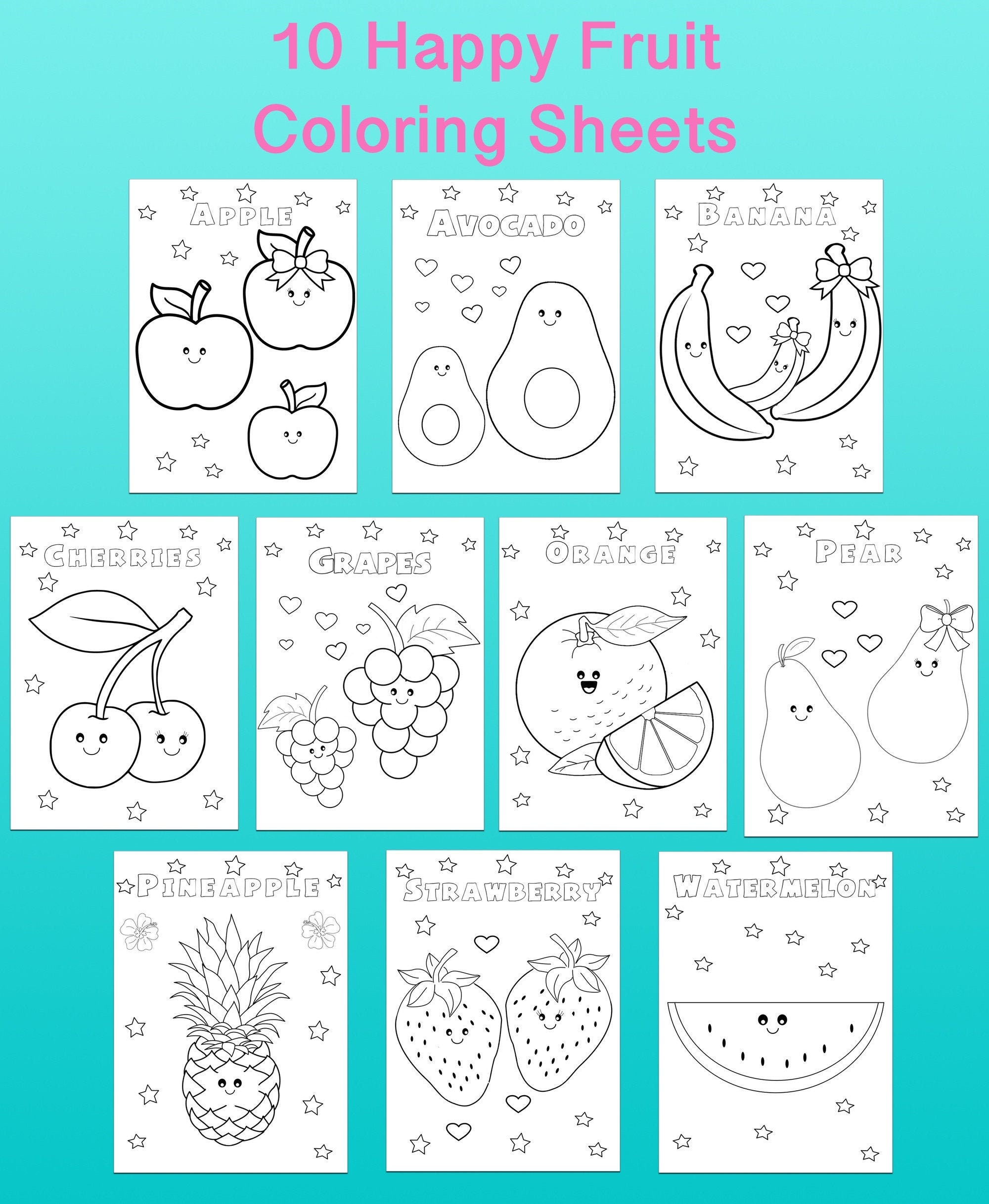 10 fruit coloring pages for kids instant download etsy