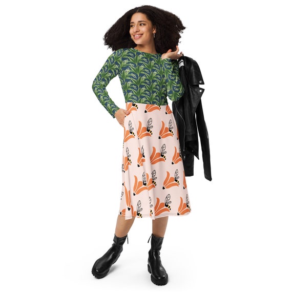 Long-sleeved dress with all-over print