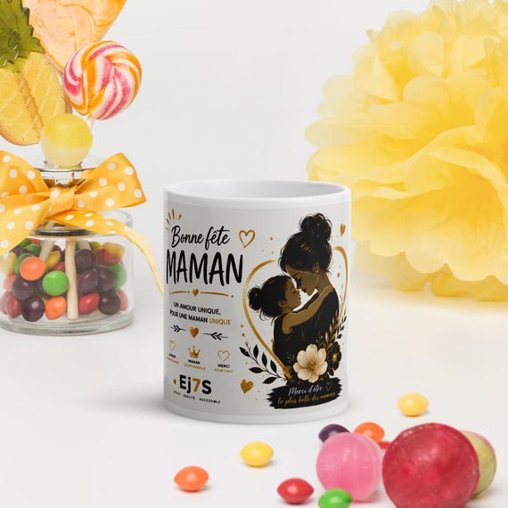 Tasse fête des mères noir et or | Mug maman luxe | Cadeau premium maman | Idée cadeau femme | Ej7S