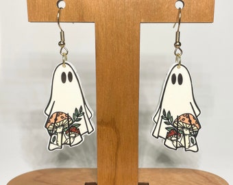 Mushroom Ghost Cottage Core Boho Style Earrings / Halloween Jewelry / Acrylic Earrings