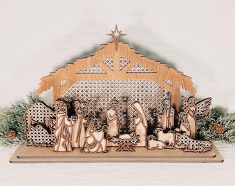 Wood Rattan Nativity Set / Manger Scene / Christian Christmas Decoration / Handmade Nativity Scene