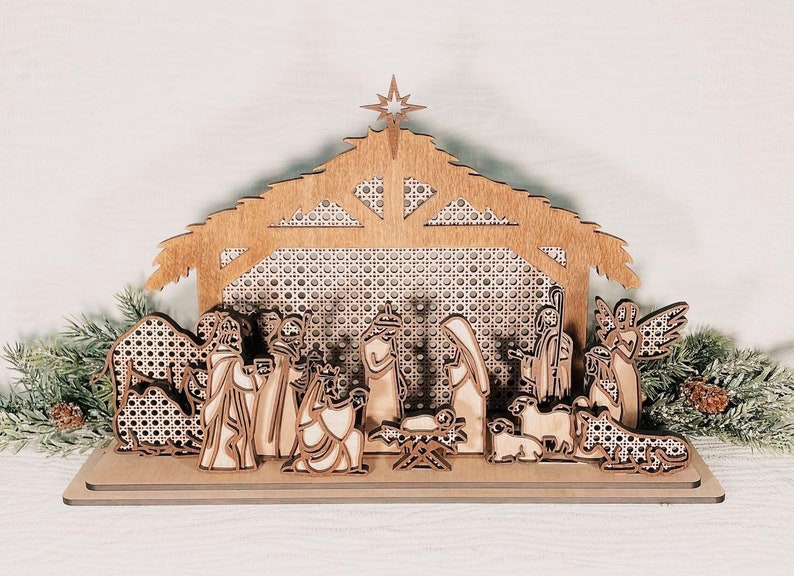 Wood Rattan Nativity Set / Manger Scene / Christian Christmas Decoration / Handmade Nativity Scene image 1