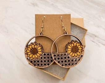 Handpainted Sunflowers Engraved Wood Dangle Earrings / Wood Statement Earrings / Trendy Earrings / Boho Earrings / Valentine Earrings