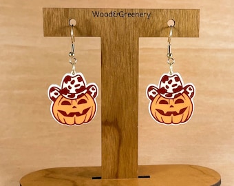 Cowboy Pumpkin Jack-o-lantern Halloween Earrings / Acrylic Earrings / Fall Jewelry