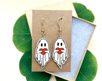 Valentine’s Day Cute Ghost Holding Red Heart Acrylic Dangle Earrings / Love Day / Gift