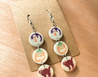 Halloween Cookie Trio Earrings / Acrylic Earrings / Fall Jewelry / Retro Holiday / Ghost / Pumpkin / Cat
