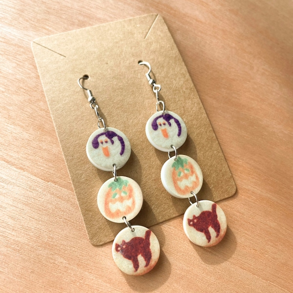 Halloween Cookie Trio Earrings / Acrylic Earrings / Fall Jewelry / Retro Holiday / Ghost / Pumpkin / Cat