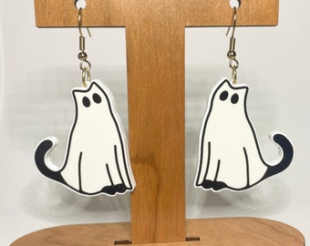 Ghost Cat Halloween Earrings / Acrylic Earrings / Cute Cat / Black Cat