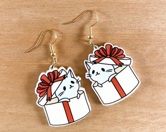 Cute Cat in Gift Box Earrings / Christmas Earrings / Pet Gift / Holiday Jewelry