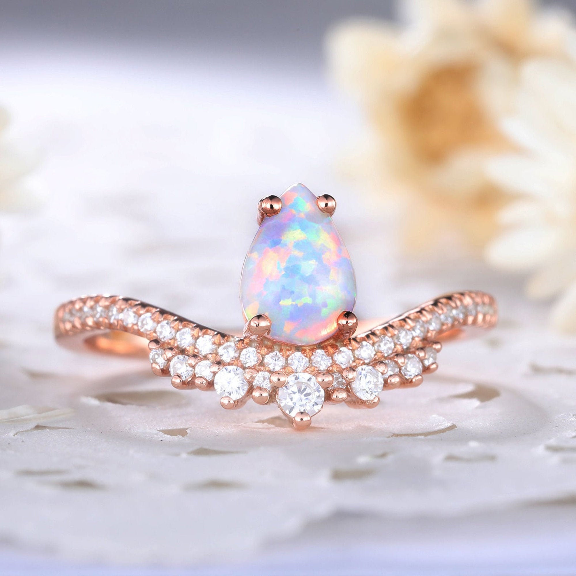 White Fire Opal Engagement Ring Unique Rose Gold CZ Diamond Etsy