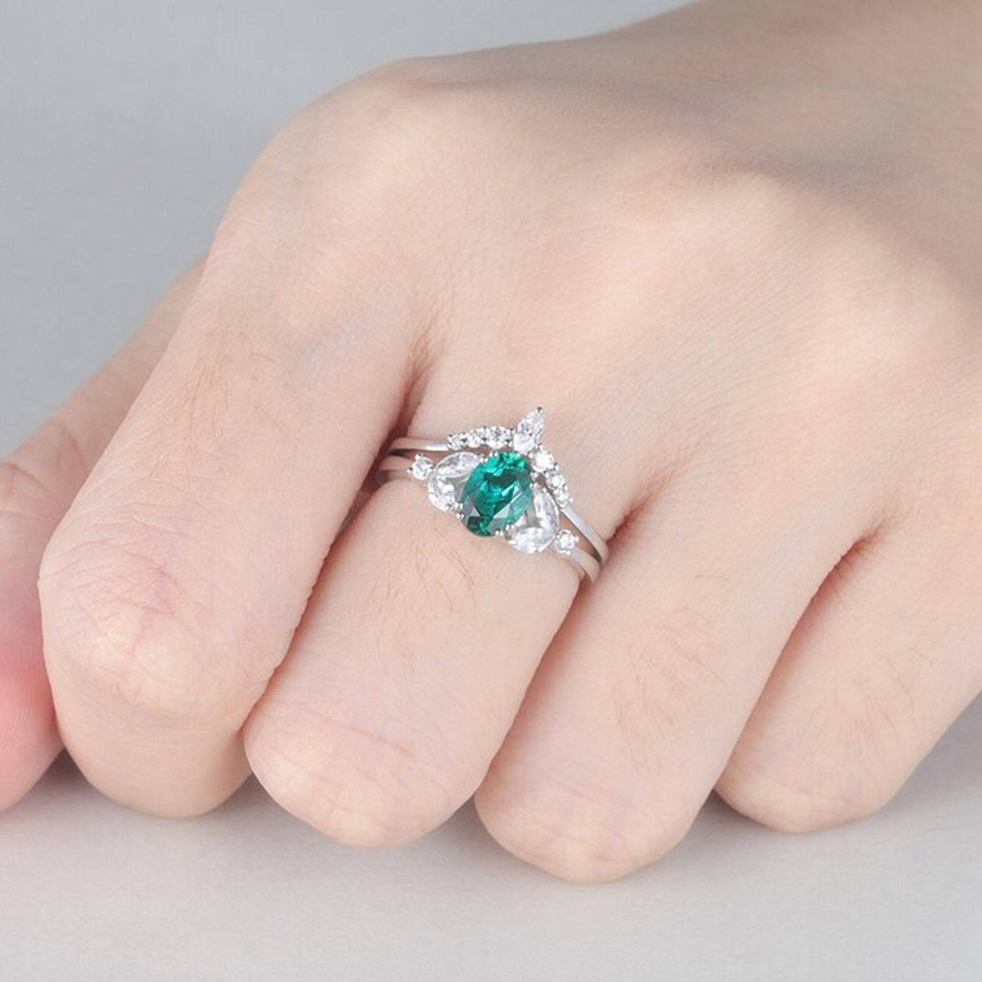 Green Emerald Wedding Ring Set 14k Sterling Silver White Gold Etsy