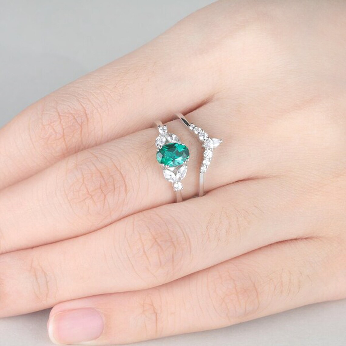 Green Emerald Wedding Ring Set 14k Sterling Silver White Gold Etsy