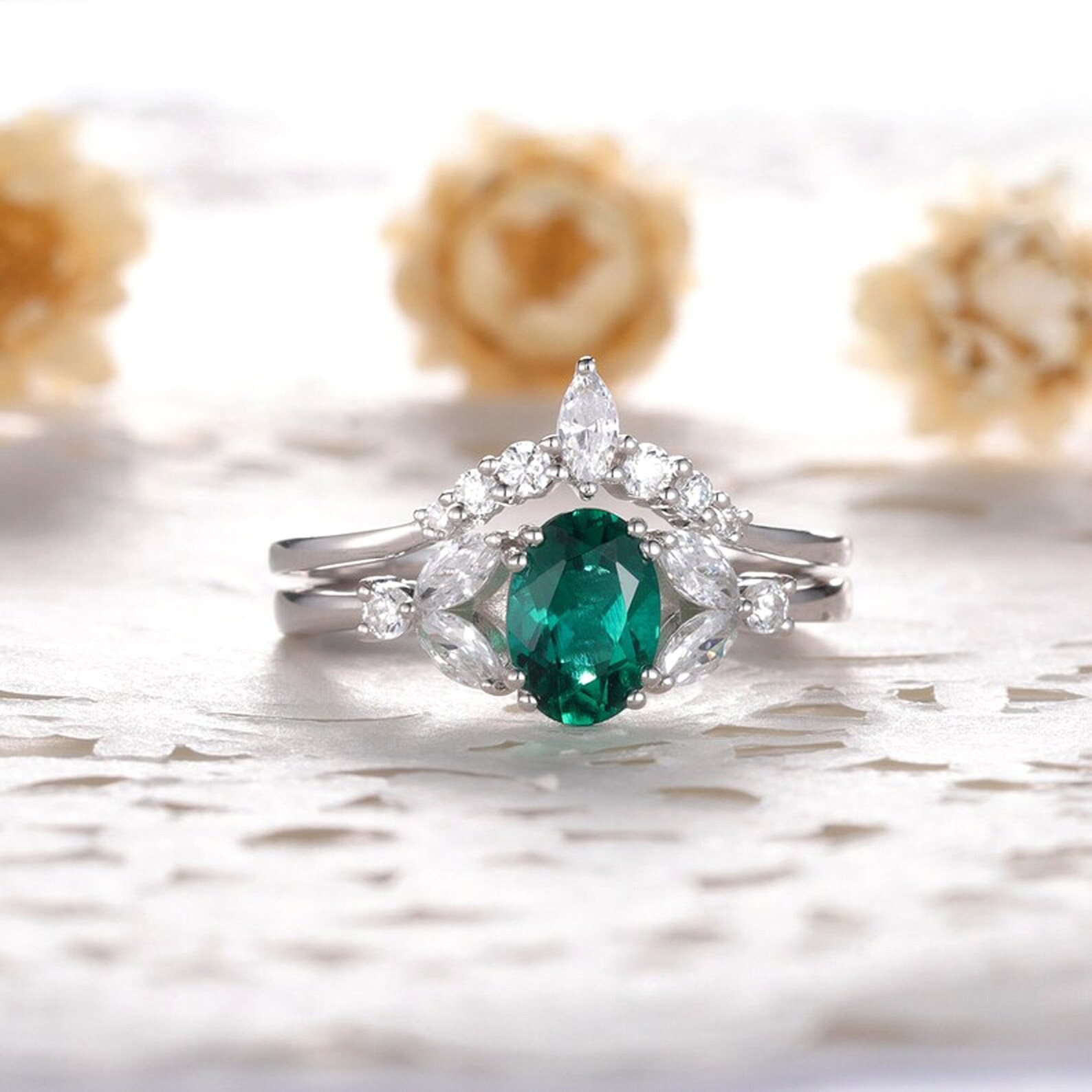 Green Emerald Wedding Ring Set 14k Sterling Silver White Gold Etsy