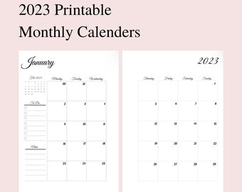 2023 Dated Monthly Calendar Printable Planner Inserts, A4 and A5 Size, Month on Two Pages, Monthly Calendar, Monthly Template