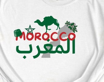 Morocco soft unisex tshirt | Morocco map, Sahara Camel, Fez and star graphics | Arabic & English alphabet | Green and Red | World cup 2022
