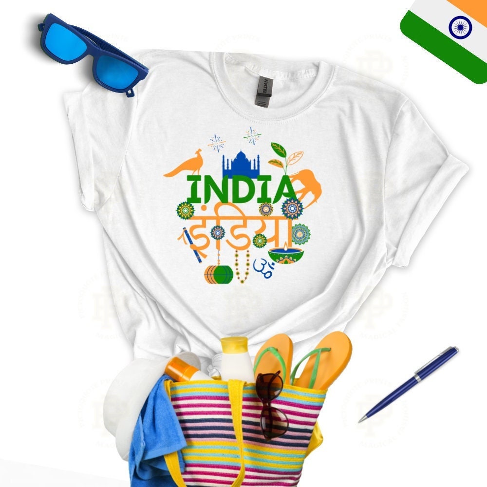 India Graphic T-Shirt: Elephant, Peacock, Taj Mahal Design