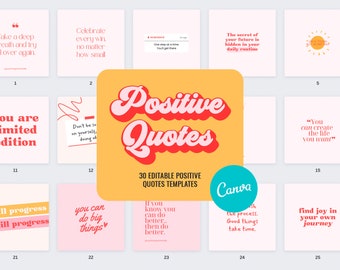 May include: A set of 30 editable positive quote templates in a grid layout. The templates are designed in a retro style with pink and red text on a yellow background. The text includes quotes such as "Take a deep breath and try over again" and "You can create the life you want". The templates are designed for use with Canva.