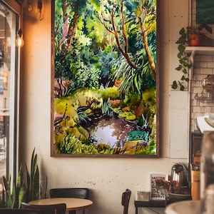 Waldteich Aquarell Wandkunst, Wohnzimmer Wandmalerei, Wohnkultur Geschenk für Naturliebhaber