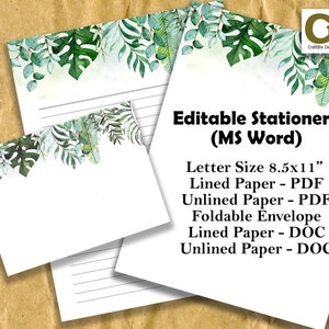 Digital Stationery Paper, Editable Letter 8.5x11, Lined Unlined, Word & PDF Formats, Envelope Template, Instant Download