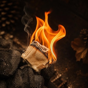 May include: A white marshmallow on a stick is roasting over hot black charcoal briquettes. The marshmallow is partially charred and golden brown, with bright orange flames rising from the top and a thin wisp of smoke curling into the air.