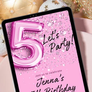 5th Birthday Canva Invitation – Editable Pink Glitter Party Printable for Girls