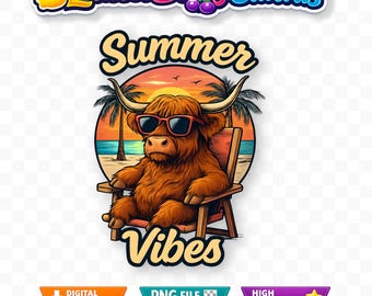 Retro Summer PNG Highland Cow Summer Clipart Trendy Vacation Digital Download