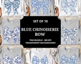 Toile Chinoiserie Bow PNG Bundle | Coquette & Cottagecore Clipart | Blue Floral Vintage Digital Download