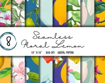 Floral Lemon Digital Paper: Seamless Citrus Patterns (12x12 JPGs, 300 DPI)