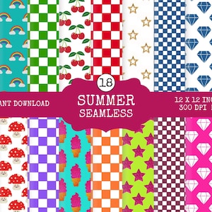 May include: A collection of 18 summer seamless patterns in various designs, including rainbows, cherries, stars, diamonds, and checkerboard patterns. The patterns are in bright colors and are 12 x 12 inches at 300 DPI. The words "Instant Download" and "Summer Seamless" are also visible.