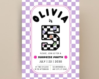 Invitación de 5.º cumpleaños a cuadros morados: Plantilla editable de Canva (descarga digital)