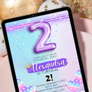 Faire-part 2e anniversaire modifiable – modèle de toile de paillettes roses, invitation d'anniversaire de fille, téléchargement numérique imprimable pour les tout-petits