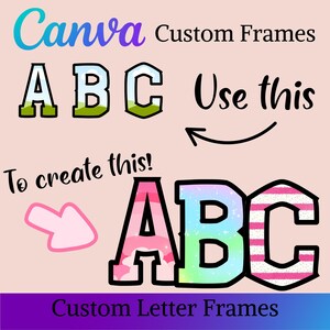May include: Image promoting custom letter frames. The word "Canva" is in blue and purple. The letters "A", "B", and "C" are shown in different styles. Text includes "Use this" and "To create this!" with an arrow pointing to the letters. "Custom Letter Frames" is at the bottom.