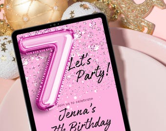 7th Birthday Invitation: Pink Glitter Party, Editable Canva Template (Digital Download