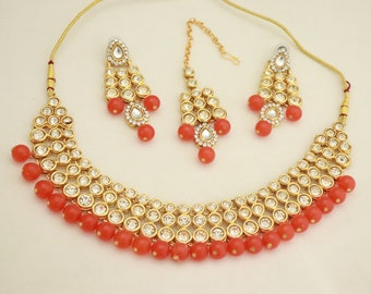 Gold Plated Orange Beads Necklace Earrings Tikka Set/ Indian Bridal Necklace Jewelry Set/ Party Wear Crystal Necklace Set/ ISMI CREATIONS