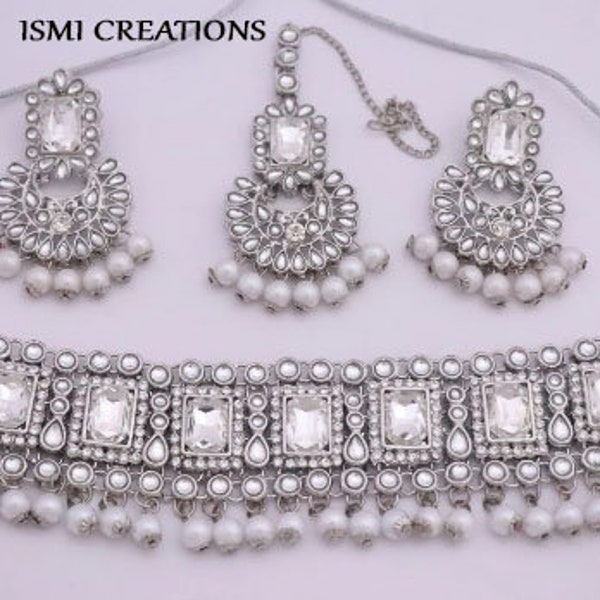 Crystal Necklace Earrings Tikka Jewelry Set, Indian Bridal Choker Silver Necklace Jewelry Set, Punjabi Jewelry, Bridesmaid Necklace Style