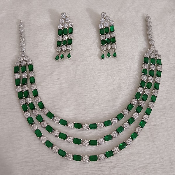 Emerald Necklace Earrings Silver Set, 3 Layers CZ Necklace With Earrings Statement Jewelry, Bridal Handmade Jewelry, Emerald Birthday Stone