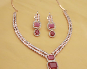 Crystal Bridal Rose Gold Ruby Necklace Jewelry Set, Red Necklace Earrings Set, Indian Wedding Jewelry, Engagement Jewelry, High Quality set