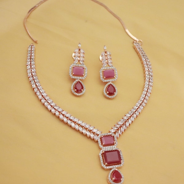 Ensemble de bijoux collier nuptiale en cristal rubis or rose, ensemble de boucles d'oreilles collier rouge, bijoux de mariage indien, bijoux de fiançailles, ensemble de haute qualité